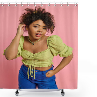Personality  A Fashionable African American Woman Poses In Vibrant Attire Against A Colorful Backdrop. Shower Curtains