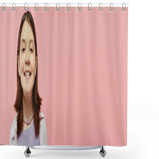 Personality  Portrait Of Carefree And Happy Teenage Girl With Radiant Smile Looking At Camera On Pink, Banner Shower Curtains