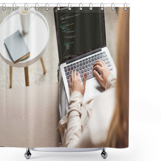 Personality  Cropped Shot Of Young Female Developer Coding With Laptop At Home Shower Curtains