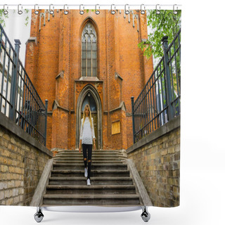 Personality  Young Woman Walking Down Steps On Street In Riga, Latvia Shower Curtains