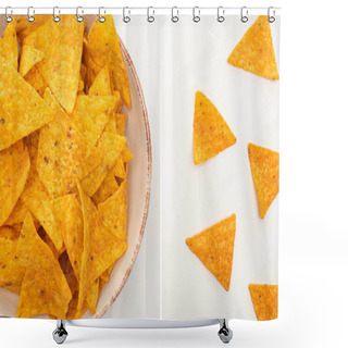 Personality  Collage Of Corn Nachos In Bowl On White Background Shower Curtains