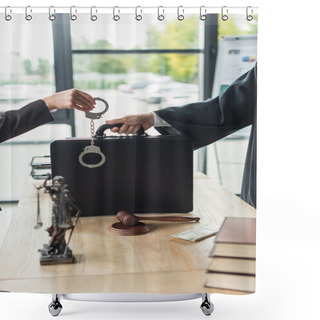 Personality  Cropped View Of Woman Holding Handcuffs Near Judge With Briefcase, Anti-corruption Concept Shower Curtains