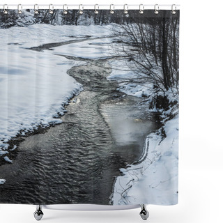 Personality  Cold Creek In Winter Forest With Trees On Shores Shower Curtains