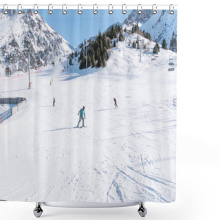 Personality  Skiers And Snowboarders Slide Down The Mountain On A Background Of Mountains. Ski Resort Shymbulak, Medeo Almaty, Kazakhstan Shower Curtains