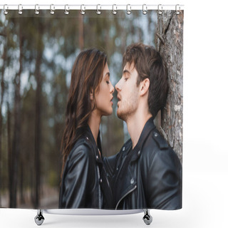 Personality  Young Brunette Woman Kissing Boyfriend In Leather Jacket Near Tree In Forest  Shower Curtains