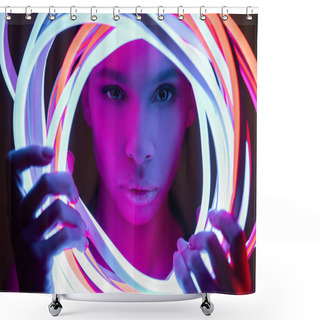 Personality  Portrait Of Futuristic African American Woman In Neon Lighting Shower Curtains
