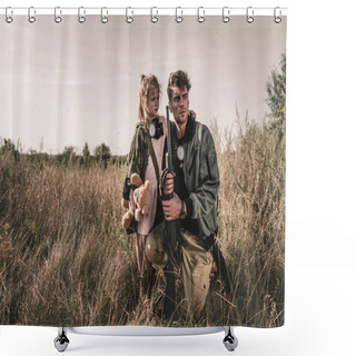 Personality  Handsome Man Holding Gun Near Kid With Soft Toy In Field, Post Apocalyptic Concept Shower Curtains