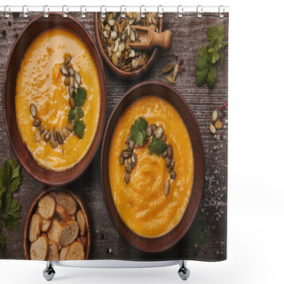 Personality  Top View Of Tasty Healthy Pumpkin Soup With Rusks On Wooden Table Shower Curtains