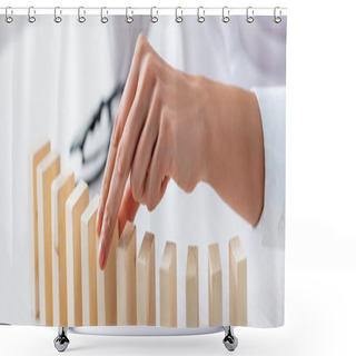 Personality  Cropped View Of Businesswoman Holding Wooden Building Block At Table Isolated On Grey, Panoramic Shot  Shower Curtains