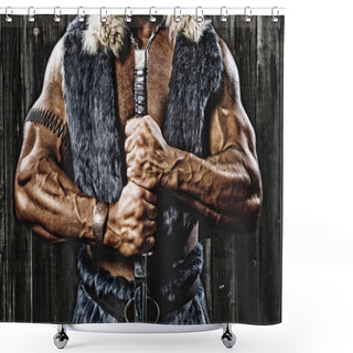Personality  Strong Muscular Man Defender Warrior With Sword In Hand Shower Curtains