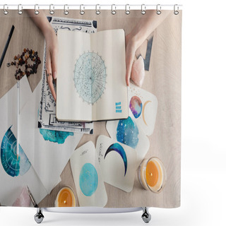 Personality  Top View Of Astrologer Holding Notebook With Watercolor Drawings And Zodiac Signs On Cards On Table  Shower Curtains