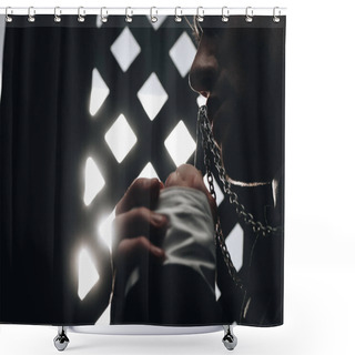 Personality  Cropped View Of Catholic Priest Kissing Cross On His Necklace Near Confessional Grille In Dark With Rays Of Light Shower Curtains