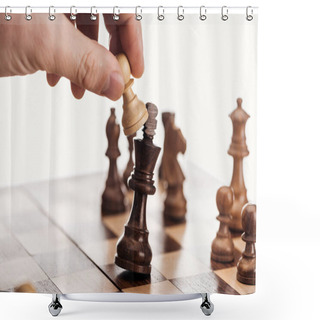 Personality  Partial View Of Man Holding Pawn Above Wooden Chessboard Isolated On White Shower Curtains
