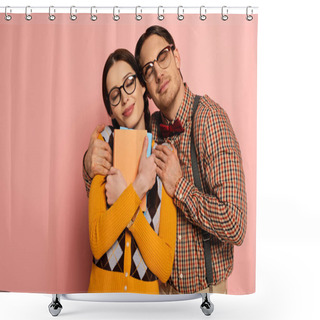 Personality  Happy Nerd With Closed Eyes Hugging Girlfriend With Books On Pink Shower Curtains
