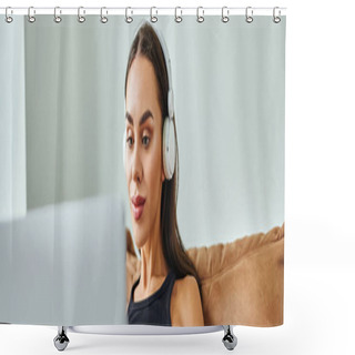 Personality  Pretty Woman In Wireless Headphones Using Laptop And Sitting On Bean Bag Chair, Remote Work Banner Shower Curtains