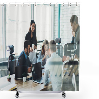 Personality  Creative Multicultural Young People Cooperating With Each Other On Developing Business Project Having Briefing Meeting In Modern Office.Male And Female Employees Of Company Teamworking On Startup Shower Curtains
