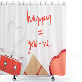 Personality  Top View Of Audio Cassette With 'love Songs' Lettering And Heart Symbol Isolated On White, St Valentines Day Concept With Love Lettering Shower Curtains