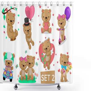Personality  Cute Bears. Teddy Bear Character Posing In Different Situations. Kids Bears Illustration For Card, Posters, Invitations, Presentations And Other. Vector Ilustration. Set 2 Shower Curtains