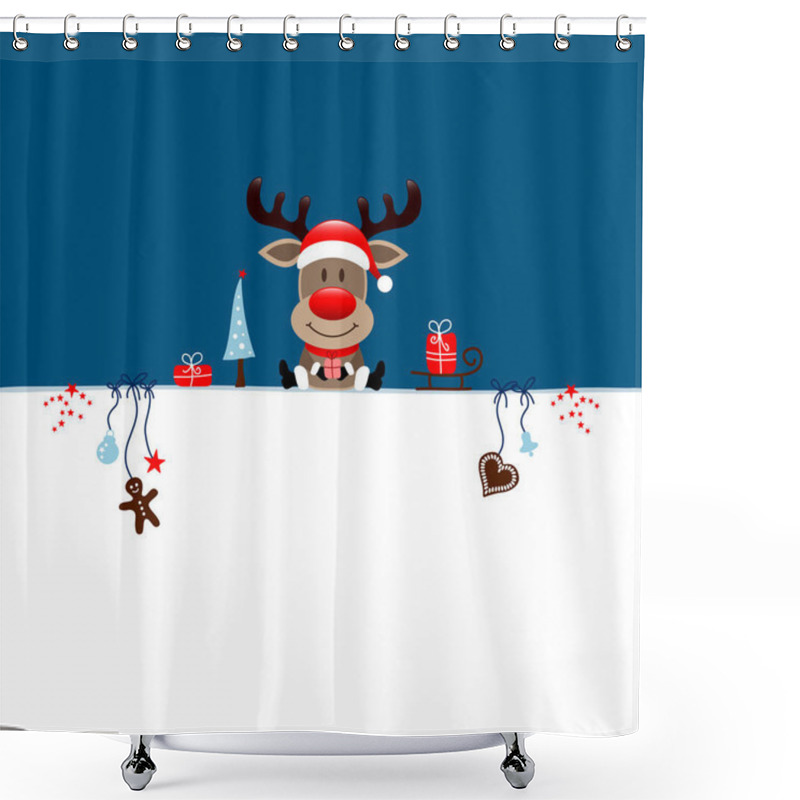 Personality  Sitting Christmas Reindeer With Icons Dark Blue shower curtains