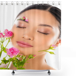Personality  Portrait Of Sensual Asian Woman With Closed Eyes, Flowers On Face, Near Tiny Roses Isolated On White Shower Curtains