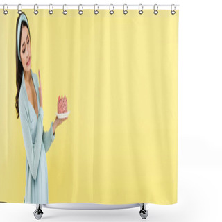 Personality  Pregnant Woman Holding Tasty Cake And Showing Refuse Gesture Isolated On Yellow, Banner Shower Curtains