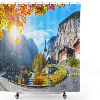 Personality  Captivating Autumn View Of Lauterbrunnen Valley With Gorgeous Staubbach Waterfall And Swiss Alps In The Background.  Location: Lauterbrunnen Village, Berner Oberland, Switzerland, Europe. Shower Curtains