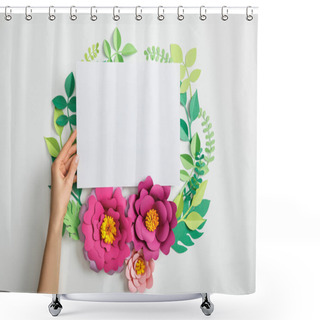 Personality  Cropped View Of Woman Putting White Blank Card Near Pink Paper Flowers And Leaves On Grey Background Shower Curtains
