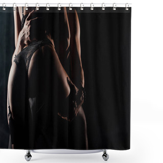 Personality  Cropped View Of Shirtless Man Touching Seductive Woman On Black  Shower Curtains