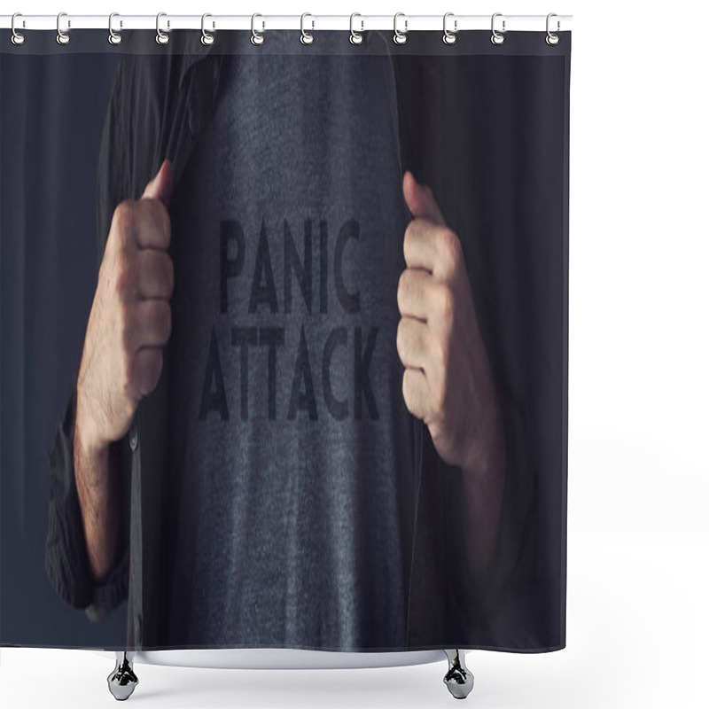 Personality  Panic Attack Concept, Guy Stretching Shirt To Reveal The Title Imprint On His Chest Shower Curtains