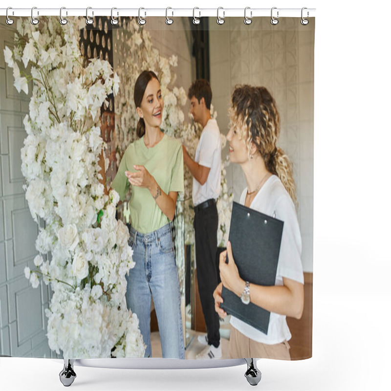 Personality  Young Smiling Florist Showing White Floral Decor To Event Manager With Clipboard In Event Hall Shower Curtains