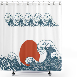 Personality  Asian Illustration Of Ocean Waves And Sun. Isolated On A White Background. Shower Curtains