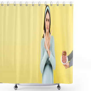 Personality  Displeased Pregnant Woman Showing Reject Gesture Near Cake Isolated On Yellow, Banner Shower Curtains