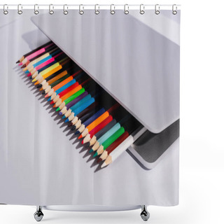 Personality  Colored Pencils In Modern Laptop On White Background Shower Curtains