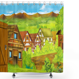 Personality  Cartoon Scene With Mountains Valley Near The Forest With Wooden House Illustration For Children Shower Curtains