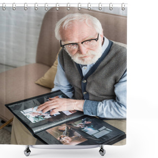 Personality  Senior Man Looking Away, And Holding Photo Album In Hands Shower Curtains