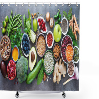 Personality  Healthy Food Selection With Fruits, Vegetables, Seeds, Superfood, Cereals On Gray Background Shower Curtains