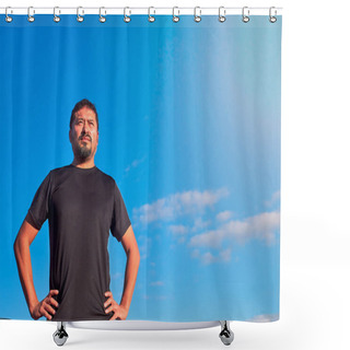 Personality  Concentrated Latino Man In Sportswear With A Sky Background Shower Curtains