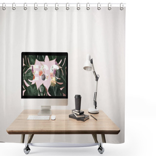 Personality  Computer With Green Leaves And Eco Illustration On Monitor On Wooden Desk Shower Curtains