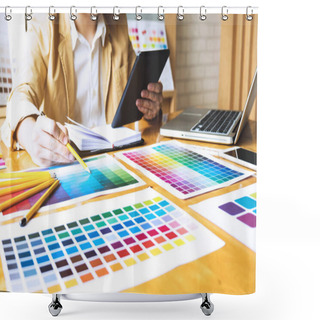 Personality  Graphic Designers Use The Tablet To Choose Colors From The Color Bar Example For Design Ideas, Creative Designs Of Graphic Designers Concept. Shower Curtains