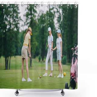 Personality  Woman In Cap Playing Golf While Smiling Friends Standing Near By At Golf Course Shower Curtains