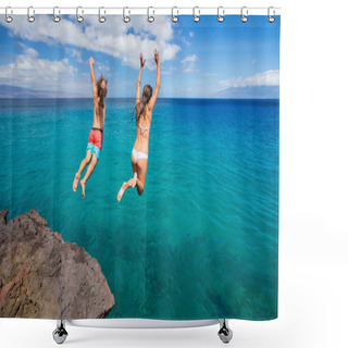 Personality  Friends Cliff Jumping Into The Ocean Shower Curtains