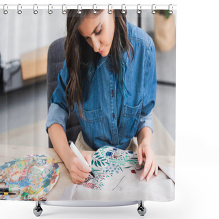 Personality  Selective Focus Of Female Fashion Designer Painting On Jacket At Working Table In Clothing Design Studio Shower Curtains