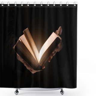 Personality  Priest With Old Bible On Black Background, Closeup Shower Curtains