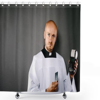 Personality  Priest In White Surplice And Black Shirt With White Collar Holding Credit Card Terminal. Church And Money Concept Shower Curtains