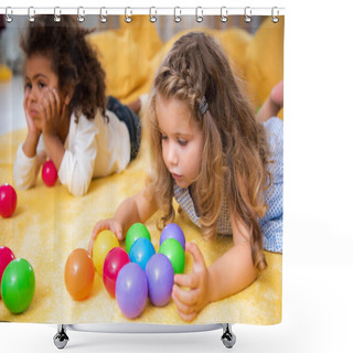 Personality  Adorable Multiethnic Kids Playing On Yellow Carpet With Colored Balls In Kindergarten Shower Curtains