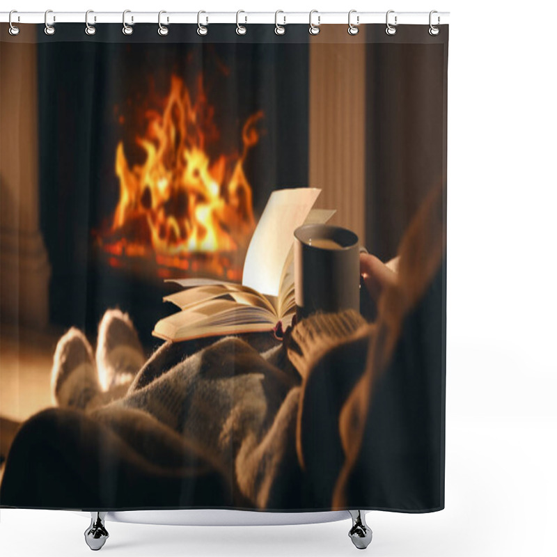 Personality  Woman With Cup Of Drink And Book Near Fireplace At Home, Closeup Shower Curtains