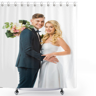 Personality  Smiling Bride With Wedding Bouquet Hugging Happy Groom Isolated On White Shower Curtains