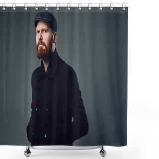 Personality  Portrait Of Redbeard Elegant Male Dressed In A Tweed Flat Cap And A Black Jacket Over Grey Background. Shower Curtains