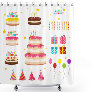 Personality  Happy Birthday Party Birthday Cake Box Celebration Party Hat Gifts Multicolor Balloons Birthday Candles Set Isolated Flat Vector Graphic Design Illustration And Icon Elements Shower Curtains
