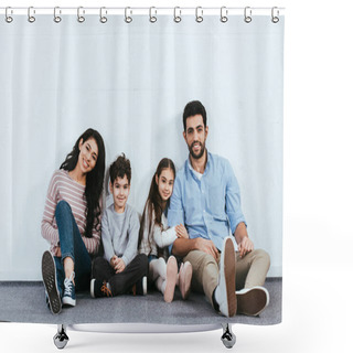 Personality  Cheerful Hispanic Family Smiling While Sitting On Floor Near White Wall  Shower Curtains